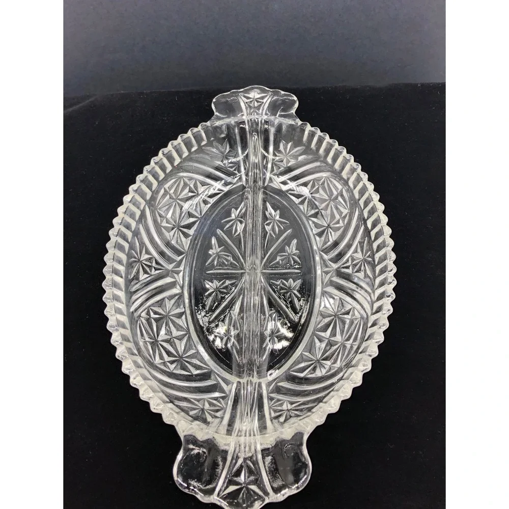 Vintage Clear Pressed Glass Divided Relish Dish Starburst Oval Serving Tray 10